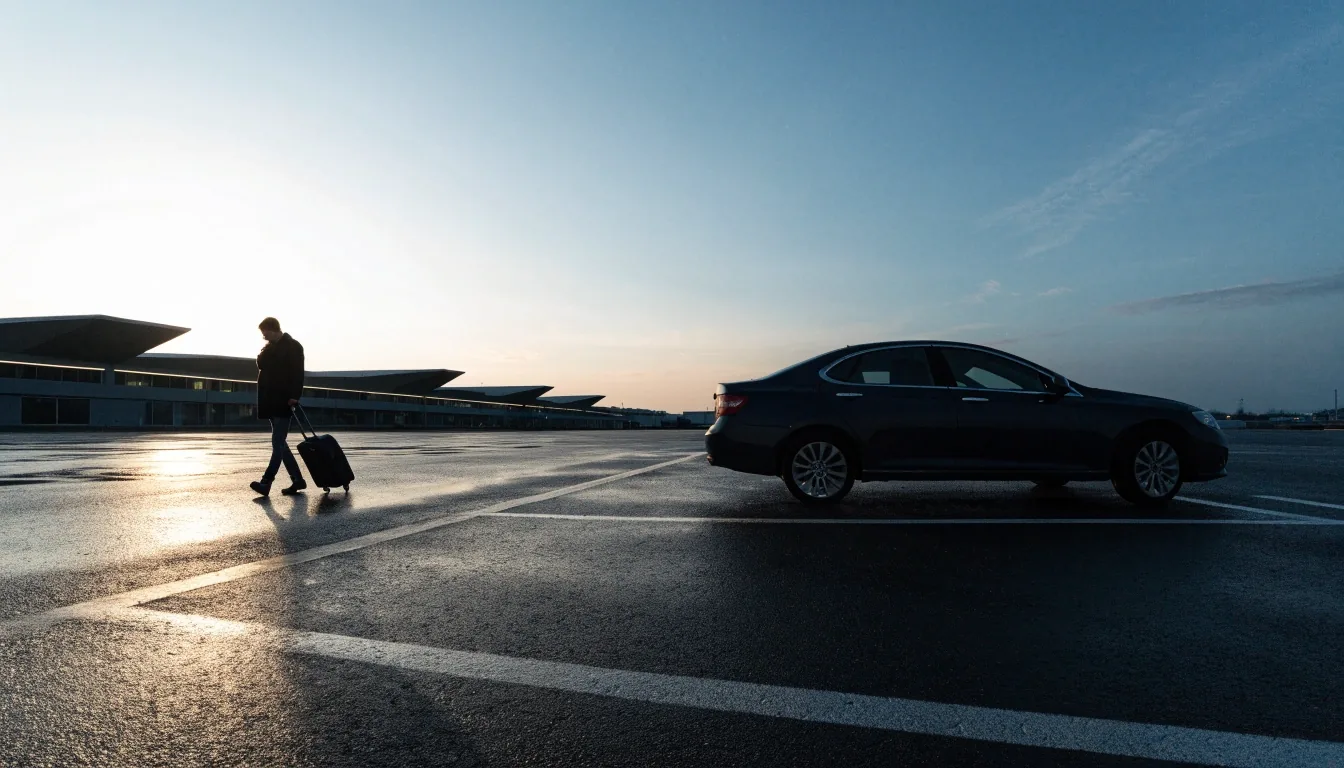 A quiet airport car park at first light with one car parked and the terminal building on the horizon