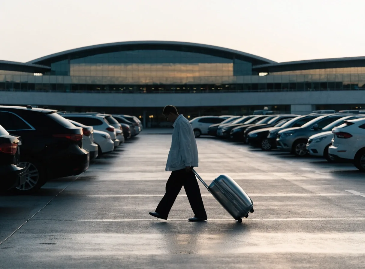 Traveller unloading a suitcase from a car boot at an open-air car park near a terminal forecourt