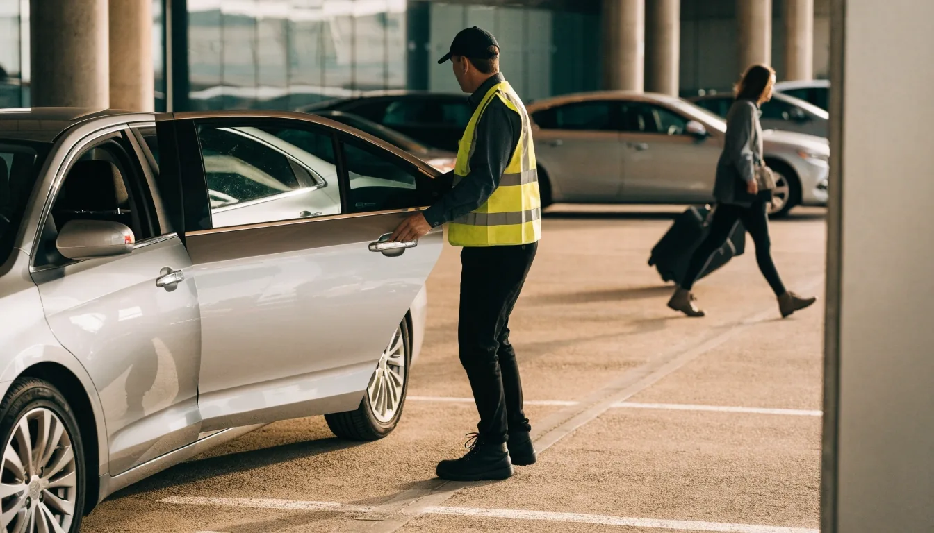 Travellers with roller cases walking between parked cars on the top deck of an airport car park