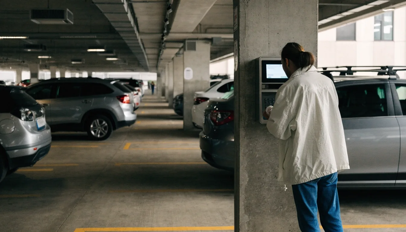 Driver at a car park pay station beside parked cars inside the airport parking structure
