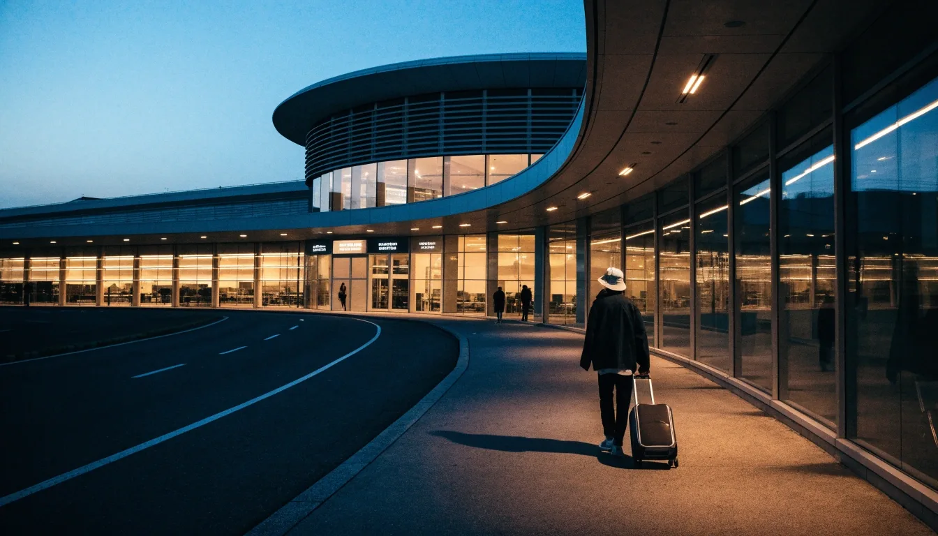Evening view of the terminal forecourt at Melbourne Airport with a traveller walking toward the entrance
