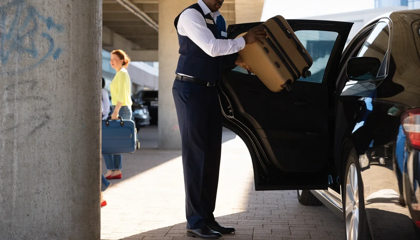 Traveller with luggage on the walkway between the car parks and the Melbourne Airport terminal