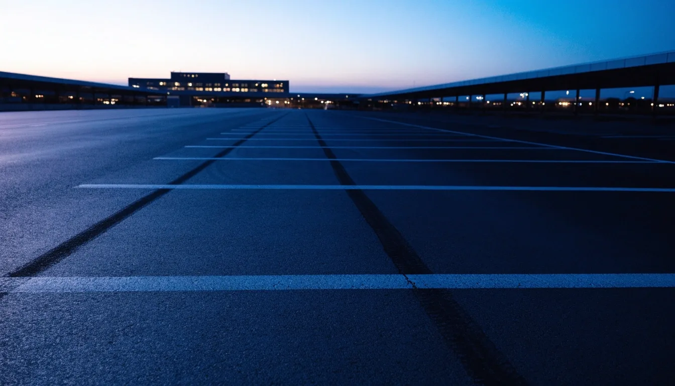 Airport parking bays and walkway toward the terminal at blue hour