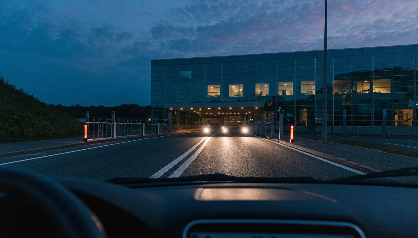Rows of parked cars in a long-stay airport car park at dusk