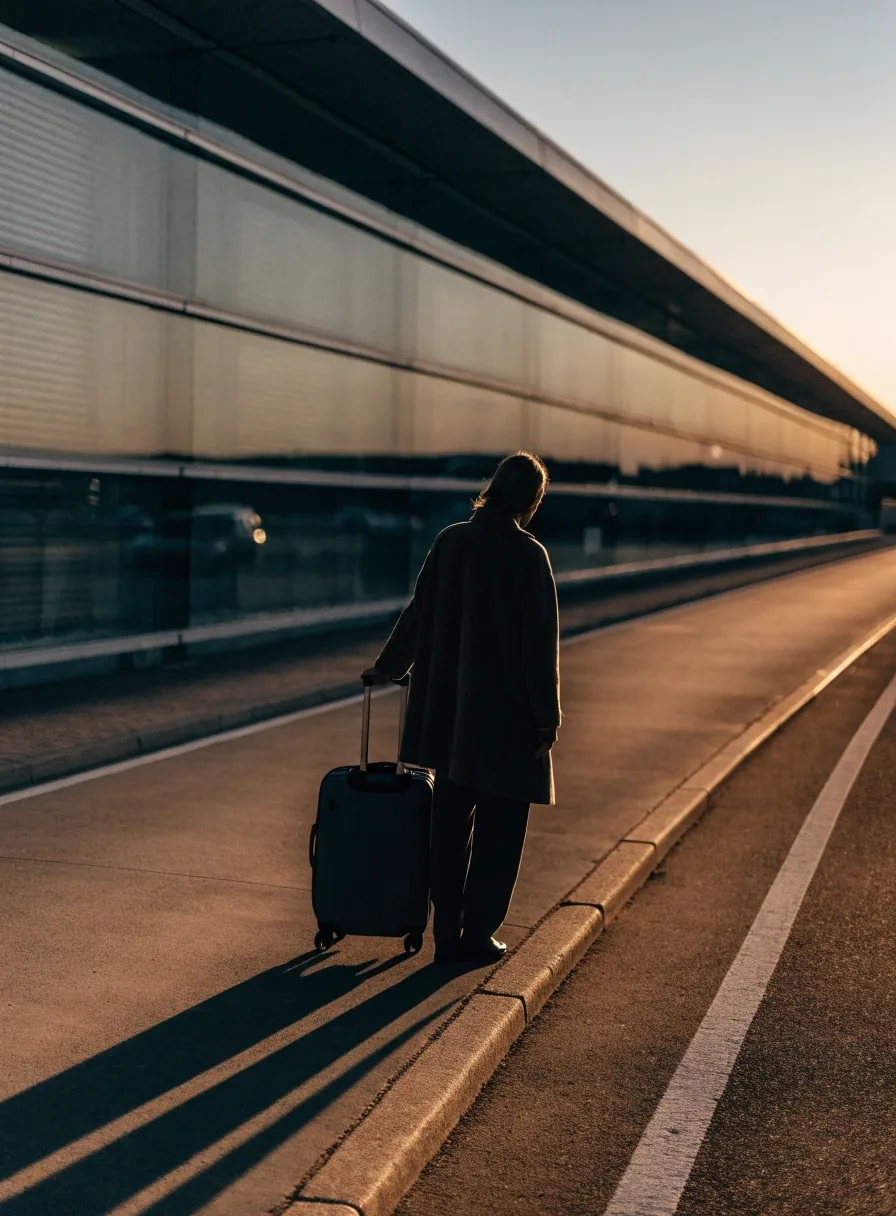 Traveller at an airport kerbside lane outside the terminal in evening light