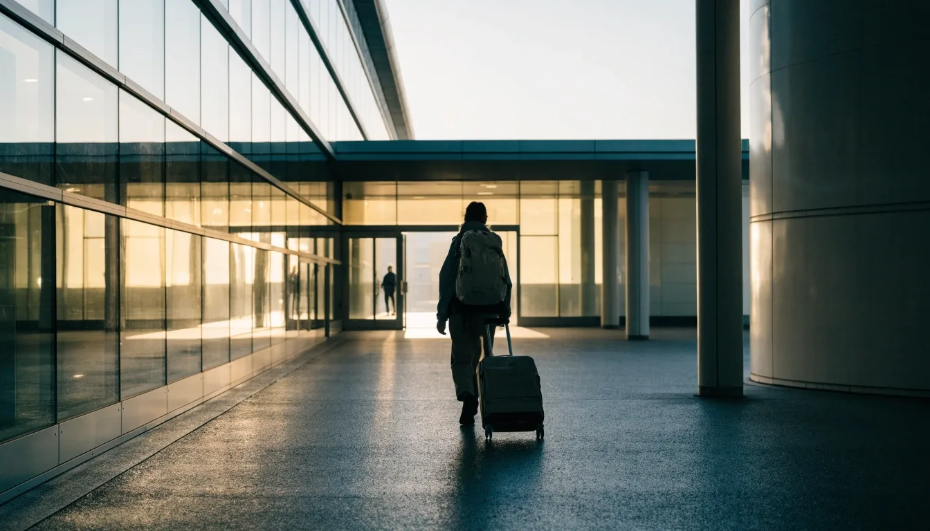 A traveller walking a covered path toward the Melbourne Airport terminal entrance at first light