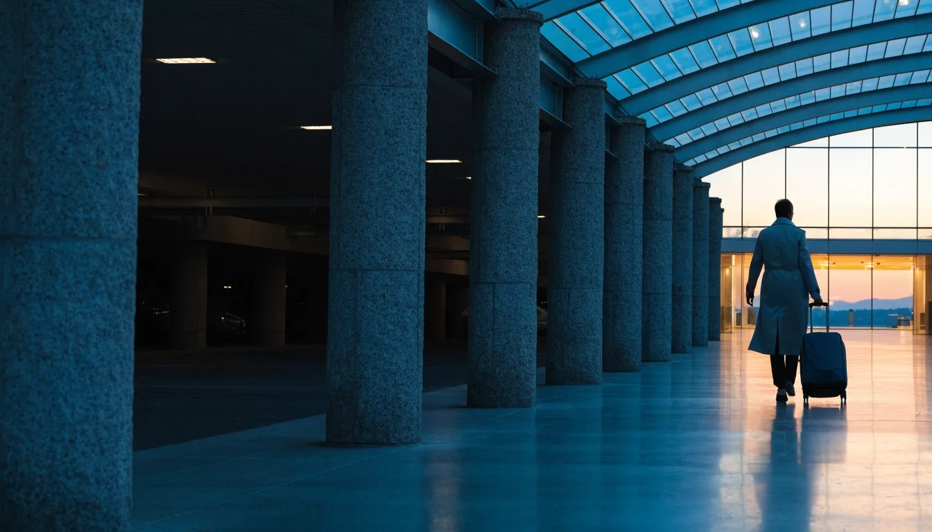 A short covered walkway from a premium car park leading toward the Melbourne Airport terminal entrance