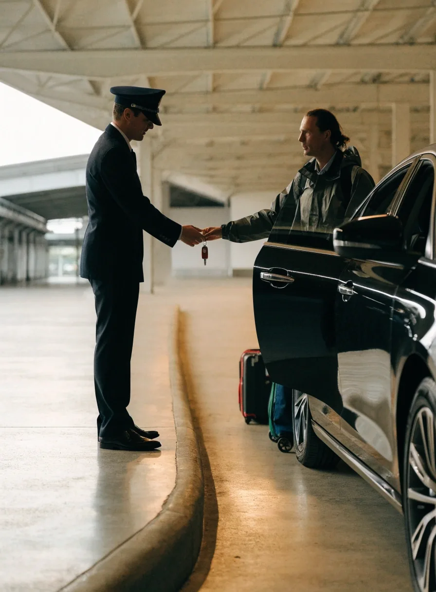 A valet attendant receiving car keys from a traveller at the Melbourne Airport handover area
