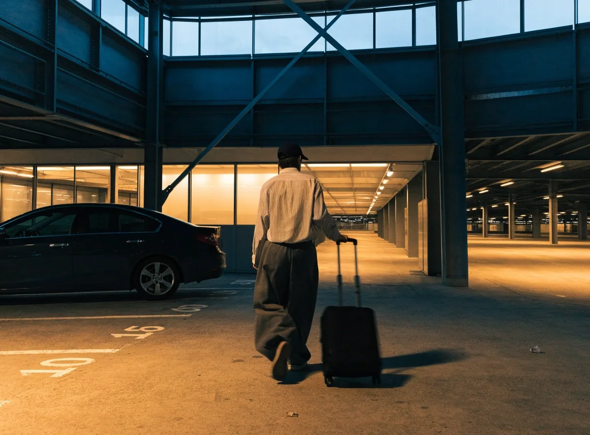 A traveller walking from a parked car toward the terminal walkway inside a Melbourne Airport car park at dusk