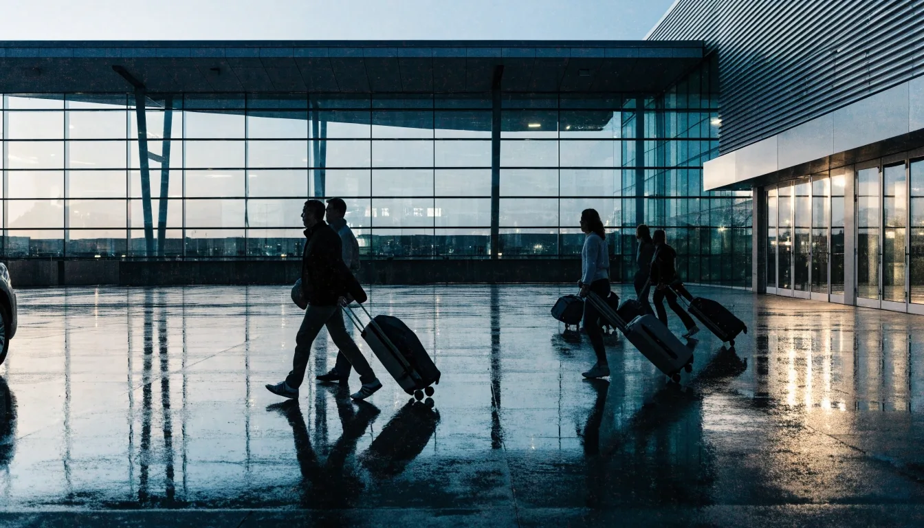 Travellers with luggage crossing the Melbourne Airport forecourt toward the terminal at blue hour