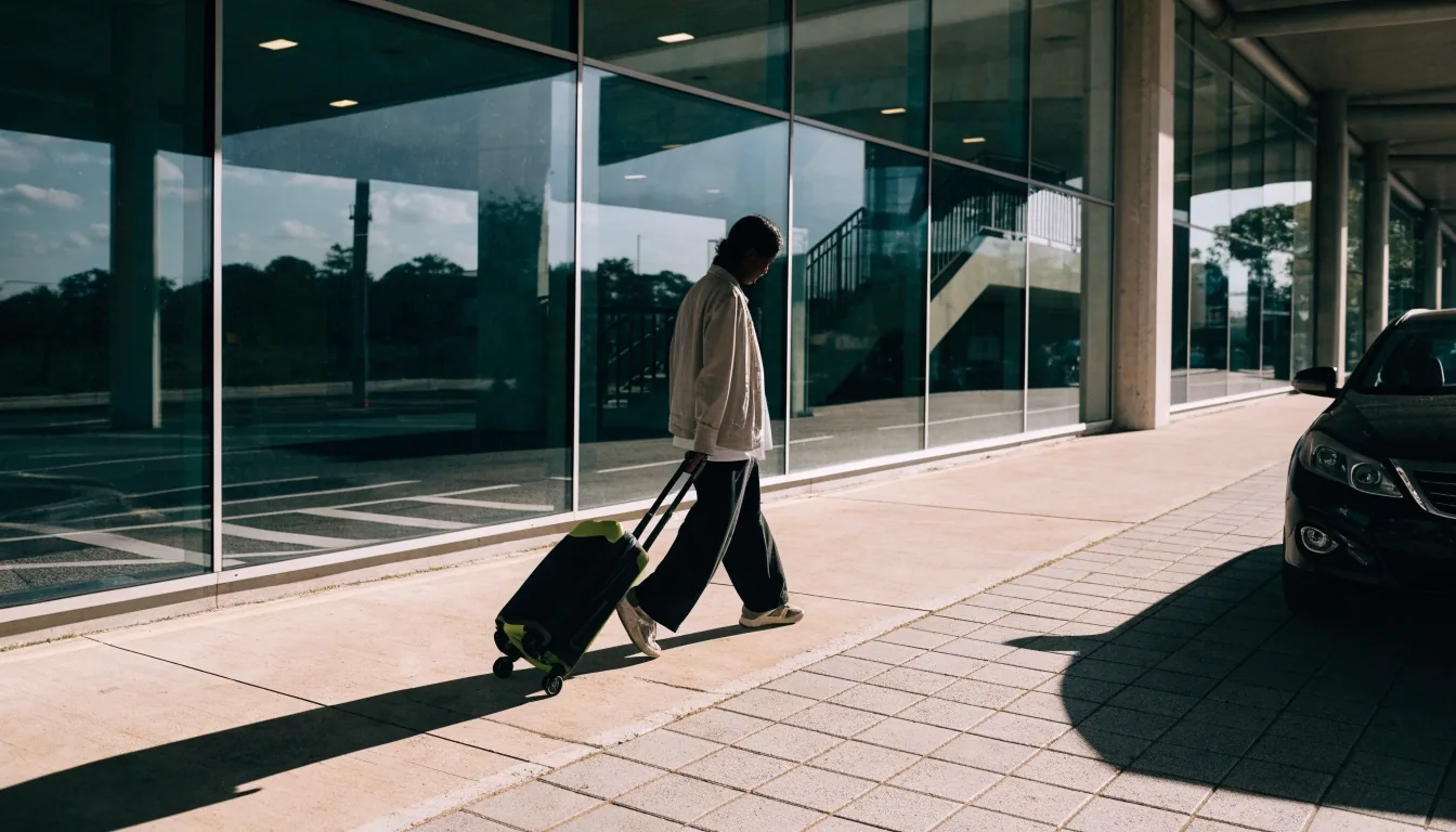 Traveller with luggage walking toward the covered kerb outside an airport terminal forecourt