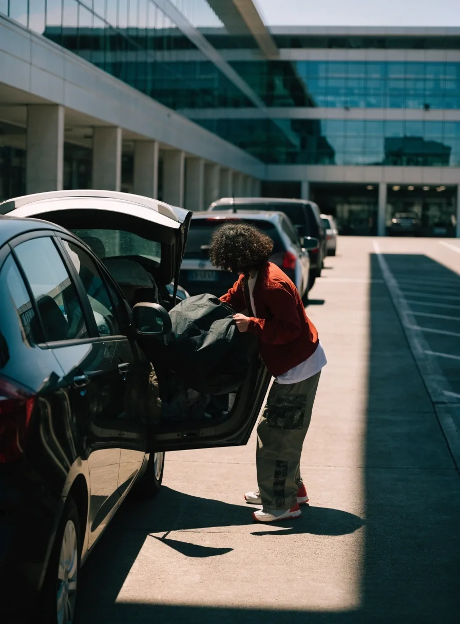 Cars parked in a short-stay car park beside the Melbourne Airport terminal with a traveller unloading luggage