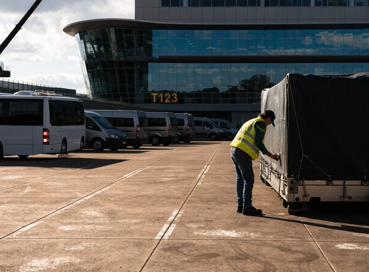 Traveller walking toward the terminal at Melbourne Airport with a suitcase before an early flight