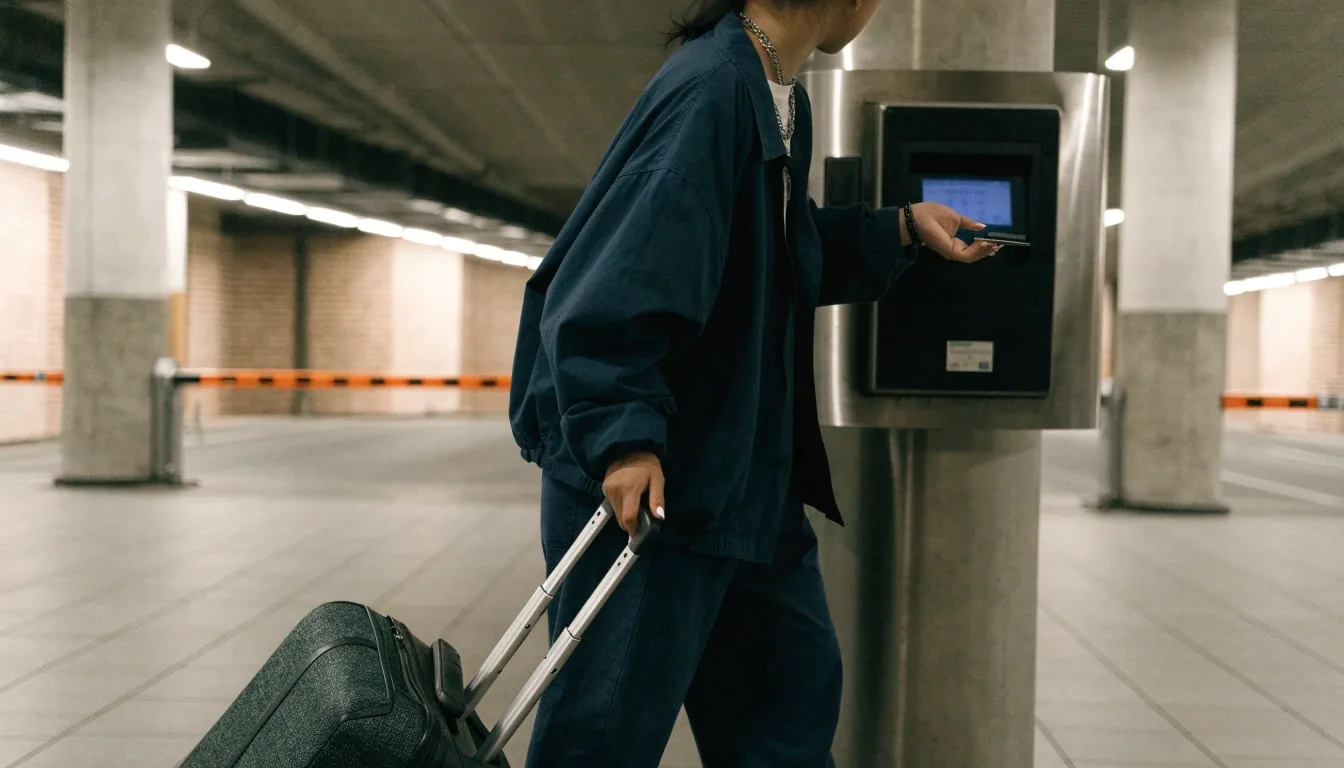 Traveller paying at a payment point in the transport hub before leaving the car park