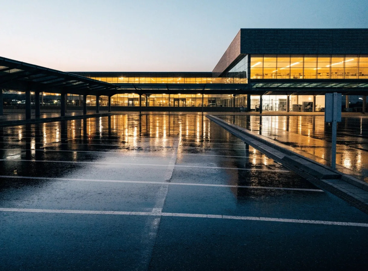 Airport terminal car park and covered walkway in the evening