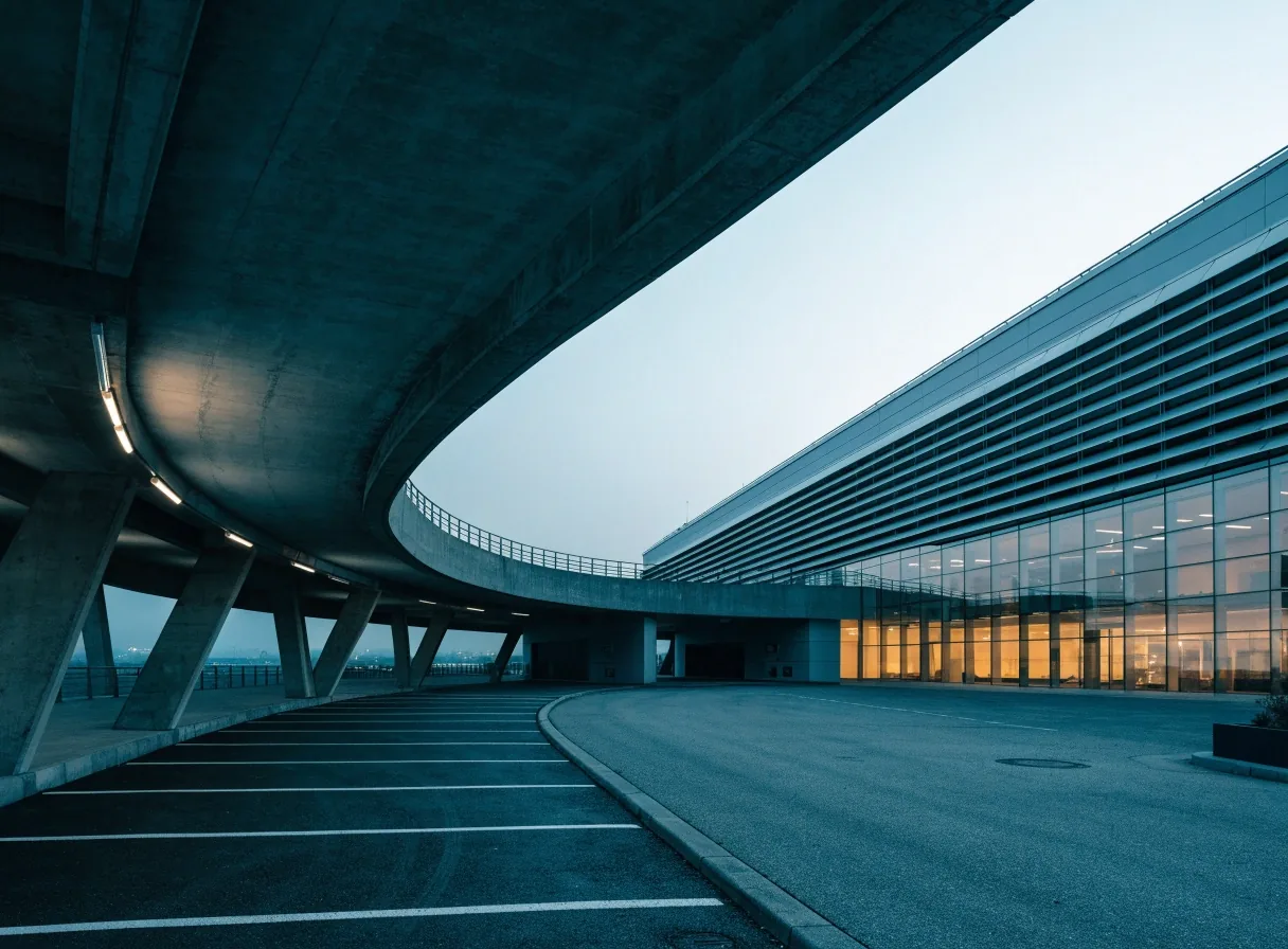 Airport parking structure and terminal forecourt at dusk near Melbourne Airport