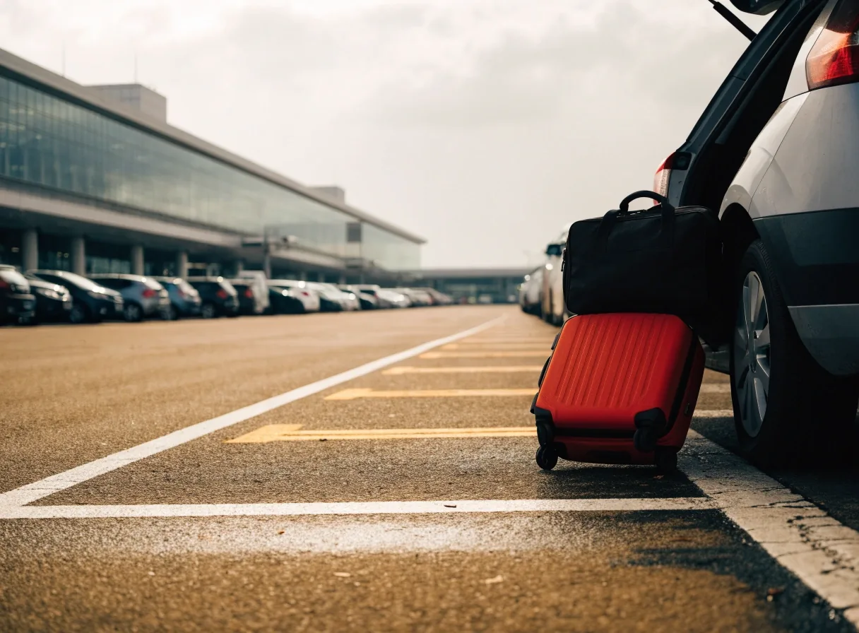 Traveller lifting luggage from a car boot in an airport car park