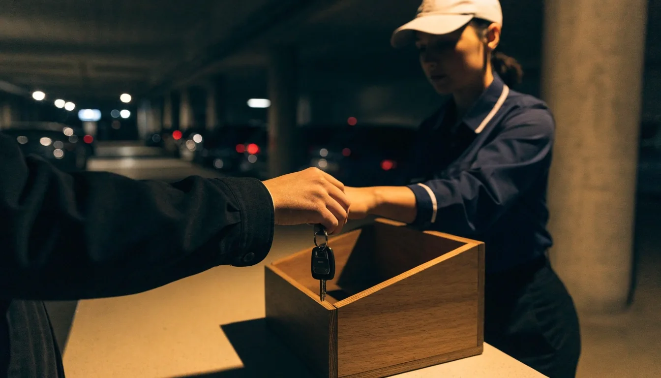 Car keys being handed into a valet tray inside the T123 car park area at night