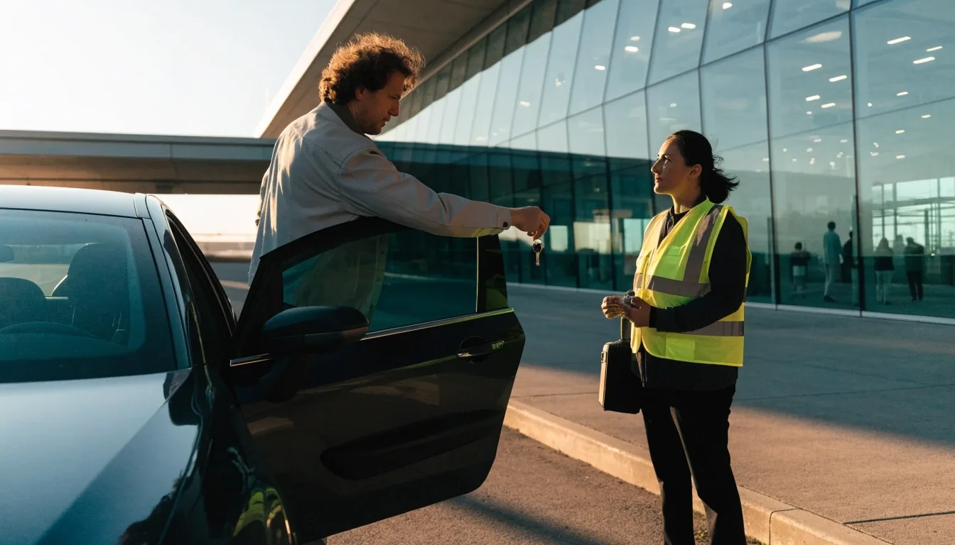 Driver handing over car keys to a valet staff member at the kerb outside the T123 terminal precinct